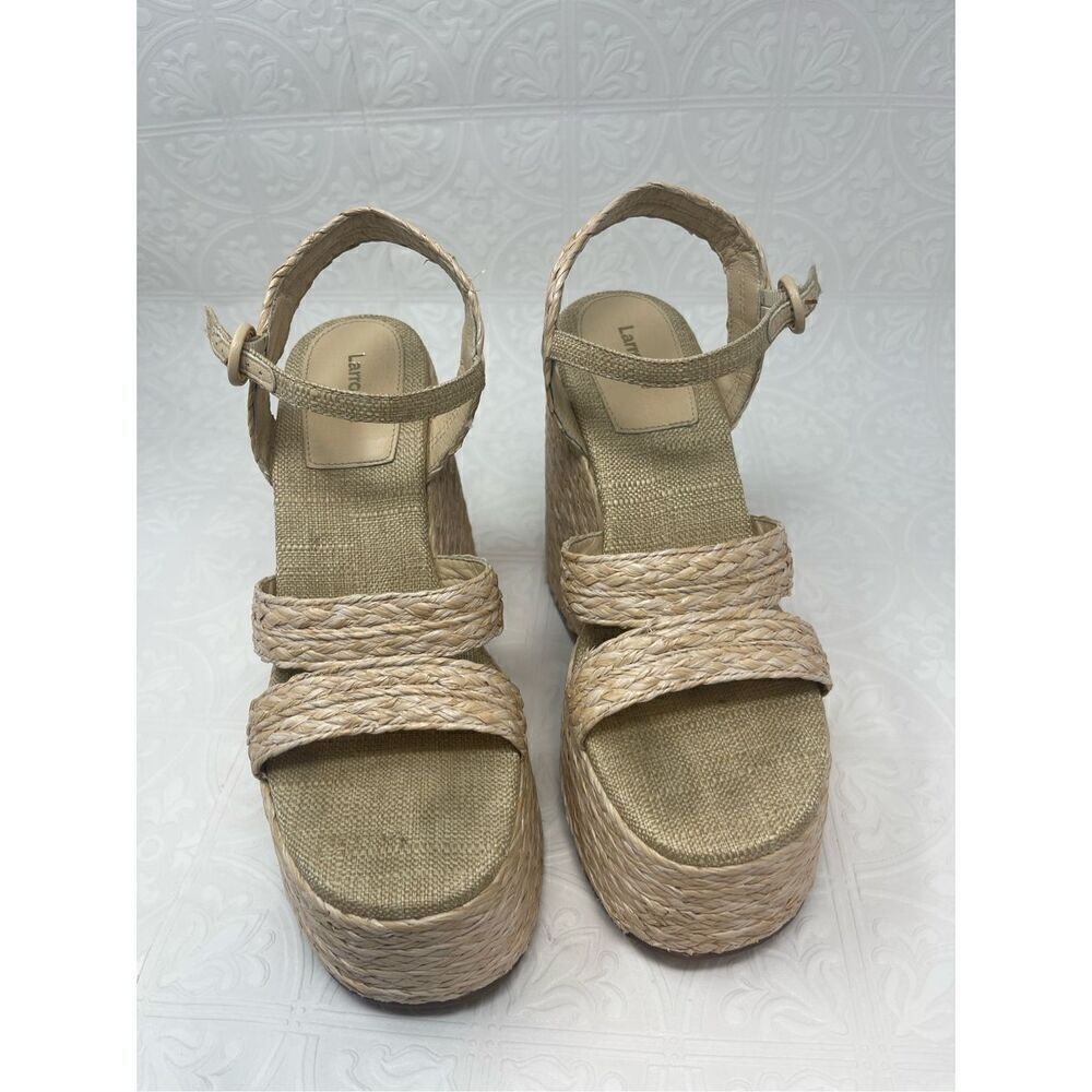 Larroude Beige Block Heel Open Toe Carmen Raffia Platform Sandal Size 9.5